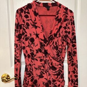 Ann Taylor Size Medium Long Sleeve Dark Pink With Florals Crossover Blouse